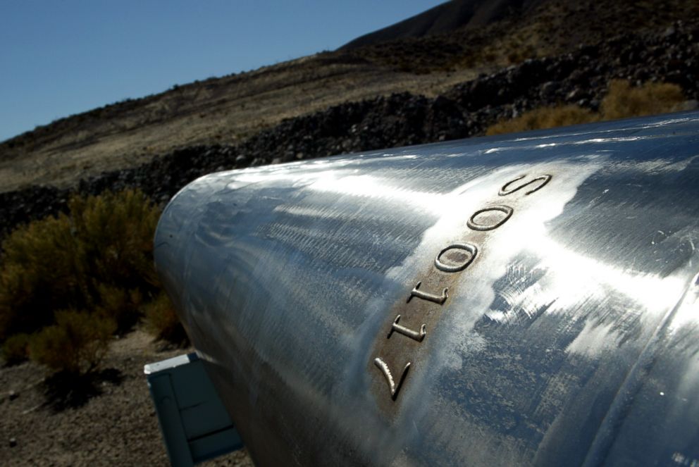 PHOTO: A steel tube used to store nuclear waste sits empty outside the Yucca Mountain nuclear waste facility located about 90 mi. north of Las Vegas, Feb. 22, 2002.
