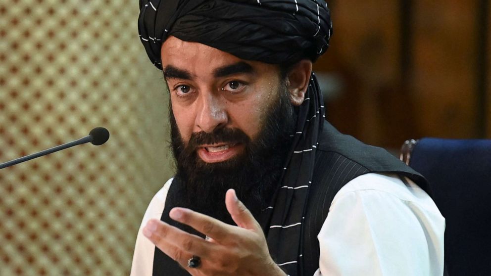 PHOTO: Taliban spokesman Zabihullah Mujahid addresses a press conference in Kabul, Afghanistan, on Sept. 7, 2021