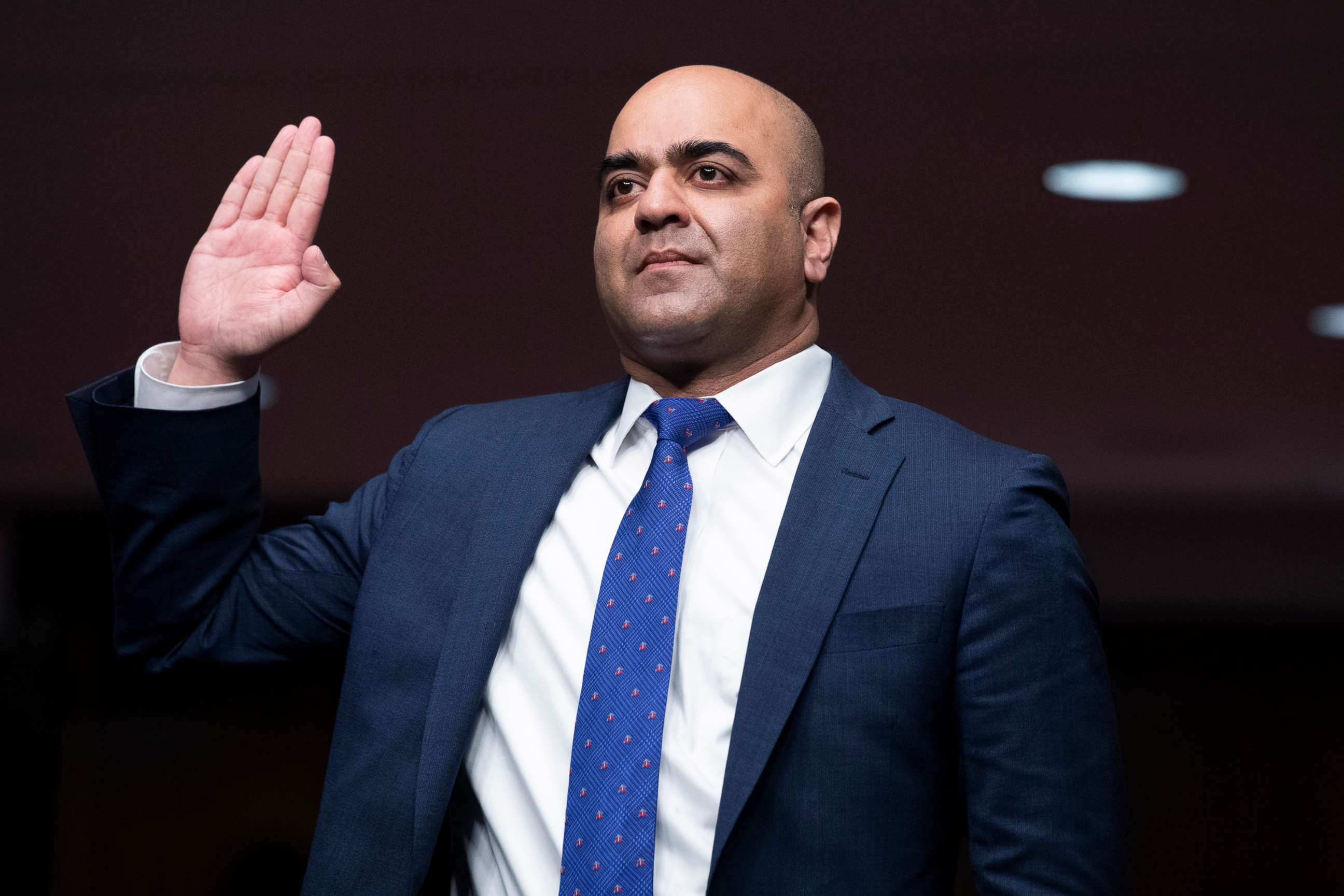 PHOTO: In this April 28, 2021, file photo, Zahid N. Quraishi, nominee to be U.S. District Judge for the District of New Jersey, is sworn into the Senate Judiciary Committee confirmation hearing in Washington, D.C.
