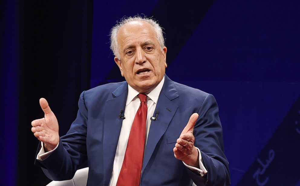 PHOTO: In this file photo taken on April 28, 2019, US special representative for Afghan peace and reconciliation Zalmay Khalilzad speaks during a forum with Afghan director of TOLO news Lotfullah Najafizada, at the Tolo TV station in Kabul, Afghanistan.