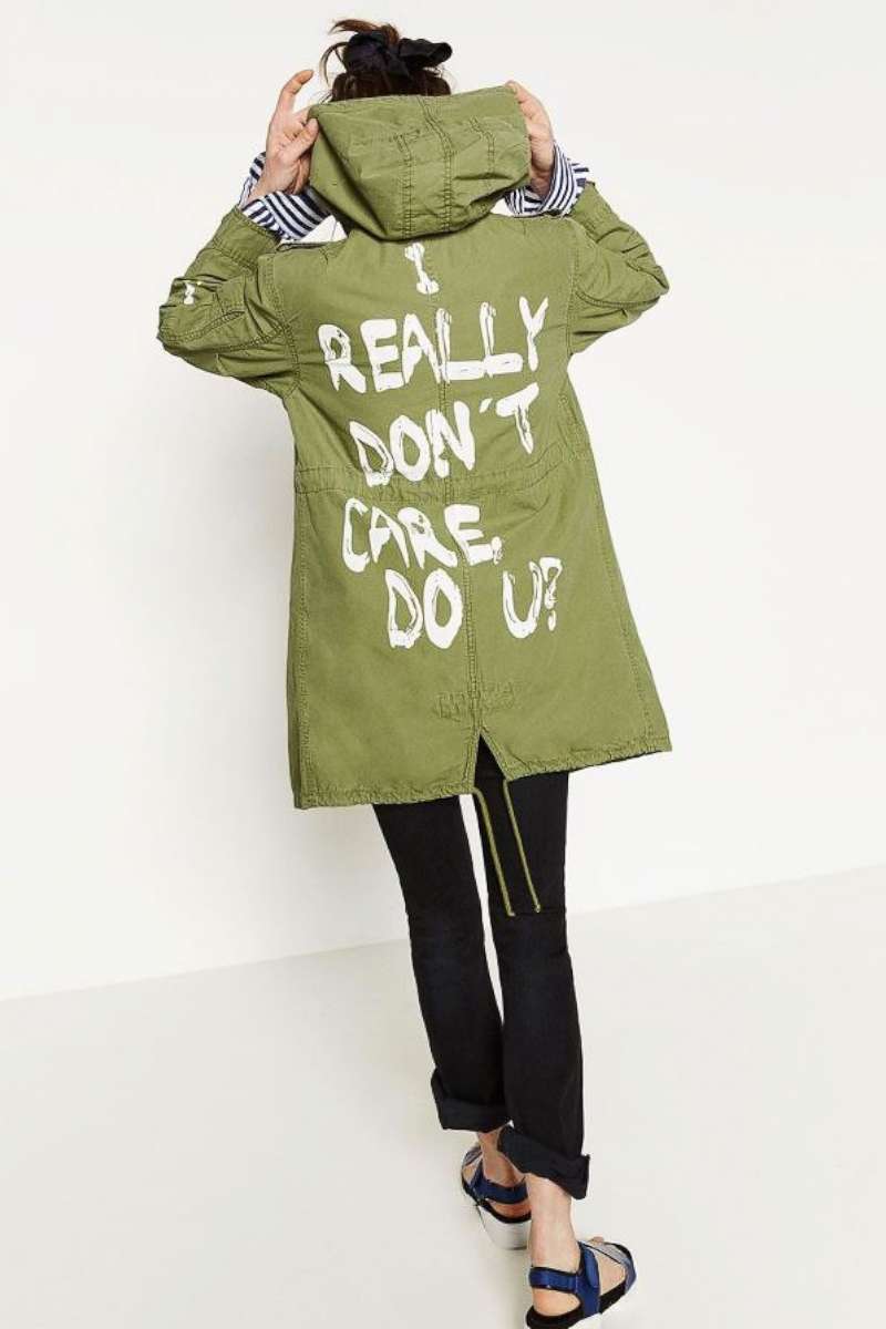 PHOTO: A model wears a jacket from Zara that reads, "I really don't care, do u?" 