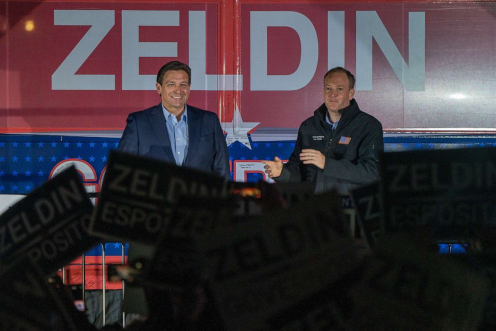 PHOTO: Florida Gov. Ron DeSantis campaigns alongside New York Republican gubernatorial hopeful, Rep. Lee Zeldin at a Get Out The Vote Rally, Oct. 29, 2022, in Hauppauge, New York.