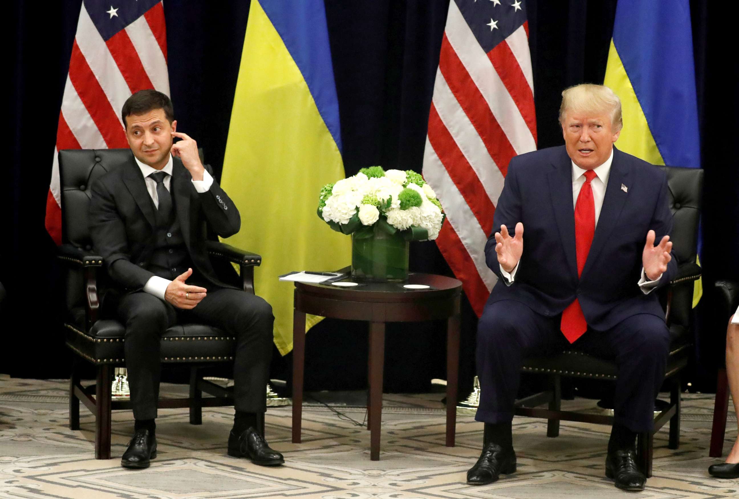 PHOTO: Ukraine's President Volodymyr Zelenskiy listens during a bilateral meeting with President Donald Trump at the United Nations General Assembly (UNGA) in New York City, Sept. 25, 2019.