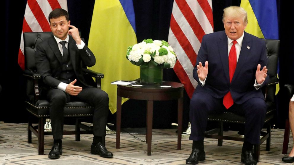 PHOTO: Ukraine's President Volodymyr Zelenskiy listens during a bilateral meeting with President Donald Trump at the United Nations General Assembly (UNGA) in New York City, Sept. 25, 2019.