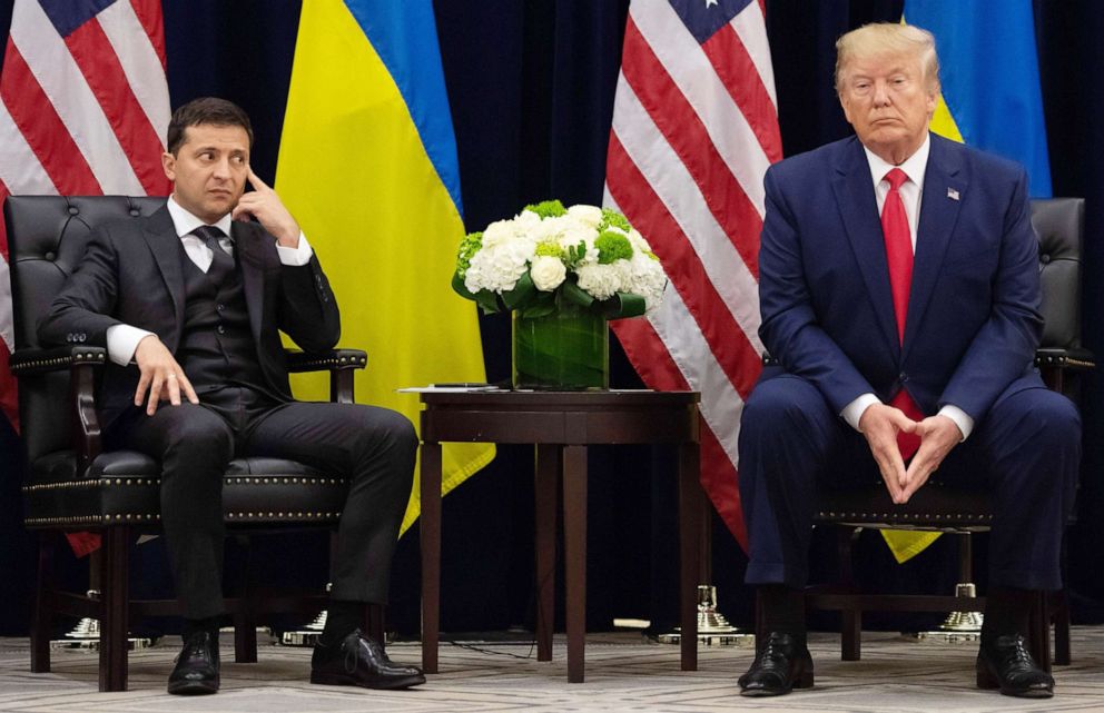 PHOTO: President Donald Trump and Ukrainian President Volodymyr Zelenskiy talk to the press during a meeting in New York, on Sept. 25, 2019, on the sidelines of the United Nations General Assembly.