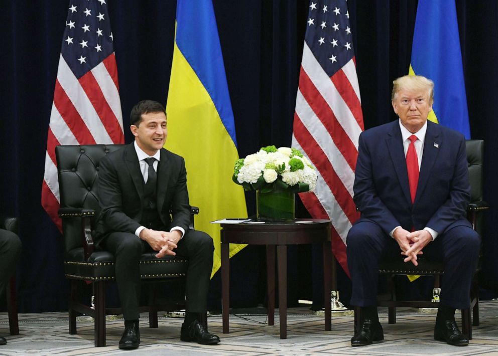 PHOTO: President Donald Trump and Ukrainian President Volodymyr Zelenskiy hold a meeting in New York, Sept. 25, 2019.