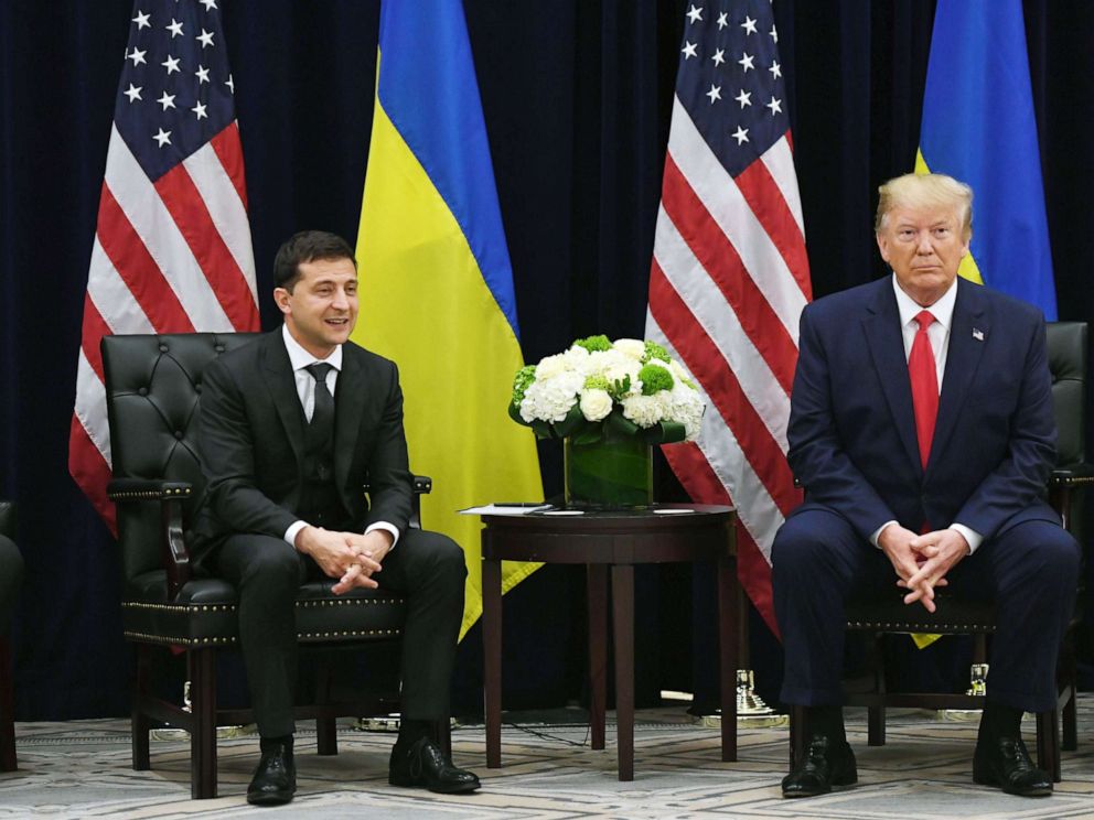 PHOTO: In this Sept. 25 ,2019, file photo, President Donald Trump and Ukrainian President Volodymyr Zelenskiy hold a meeting in New York.