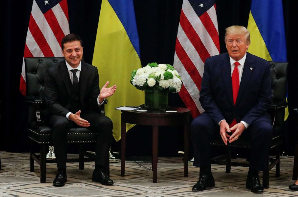 PHOTO: President Donald Trump, right, listens during a meeting with with Ukraine's President Volodymyr Zelenskiy in New York City, Sept. 25, 2019.