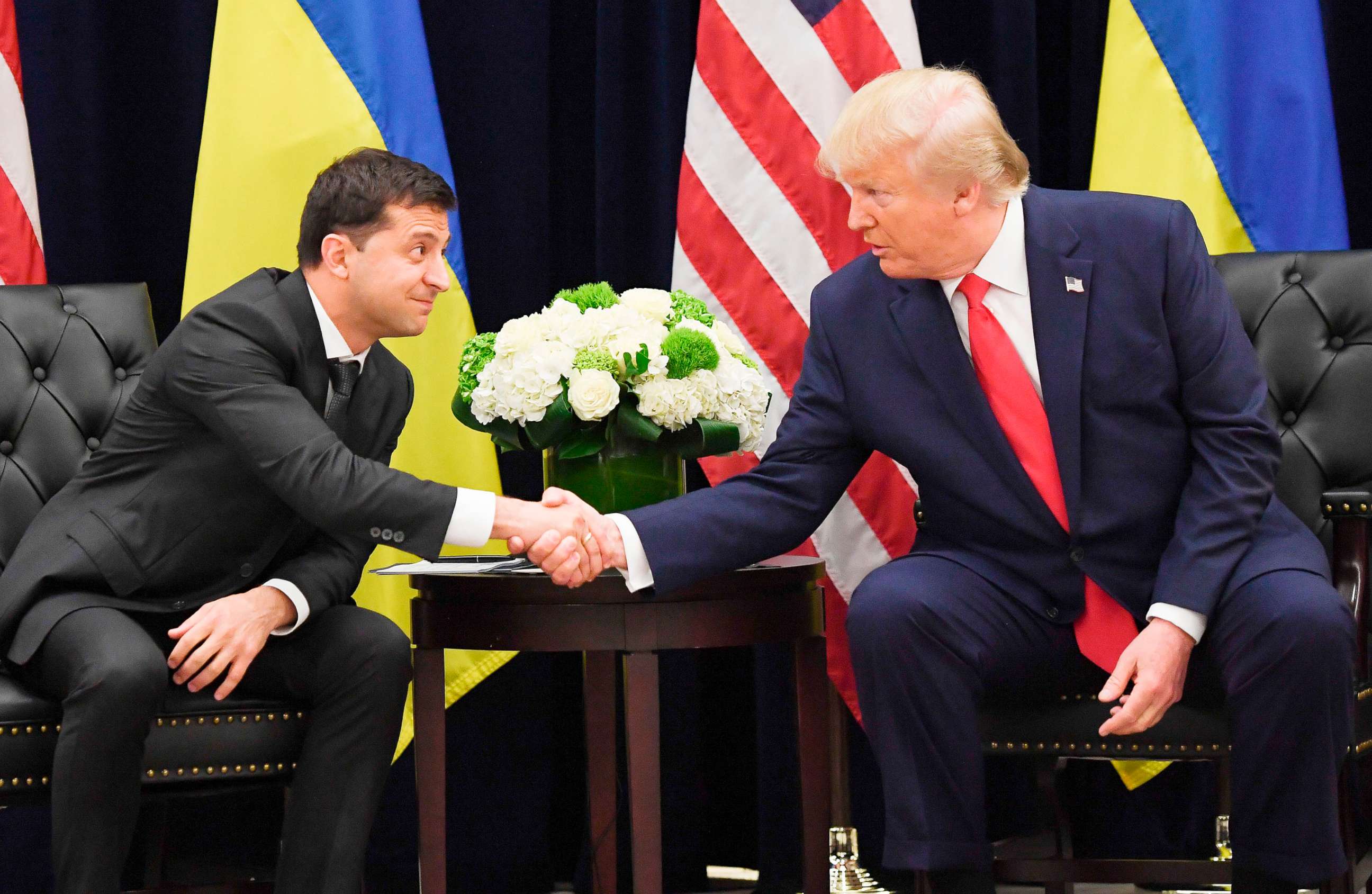 PHOTO: President Donald Trump and Ukrainian President Volodymyr Zelenskiy shake hands during a meeting in New York on Sept. 25, 2019.