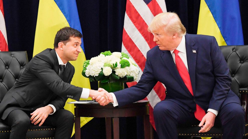 PHOTO: President Donald Trump and Ukrainian President Volodymyr Zelenskiy shake hands during a meeting in New York on Sept. 25, 2019.