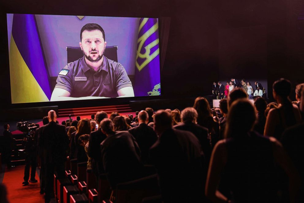 PHOTO: President of Ukraine Volodymyr Zelenskyy speaks in a live link-up video during the opening ceremony for the 75th annual Cannes film festival at Palais des Festivals on May 17, 2022, in Cannes, France.