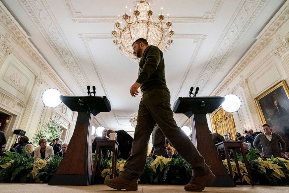 PHOTO: Ukrainian President Volodymyr Zelenskyy leaves after a news conference with President Joe Biden in the East Room of the White House in Washington, Dec. 21, 2022.