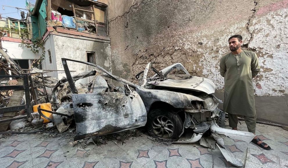 PHOTO: In this Sept. 11, 2021, file photo, a view of the damage at Zemari Ahmadi family house after a drone is shown in Kabul, Afghanistan.