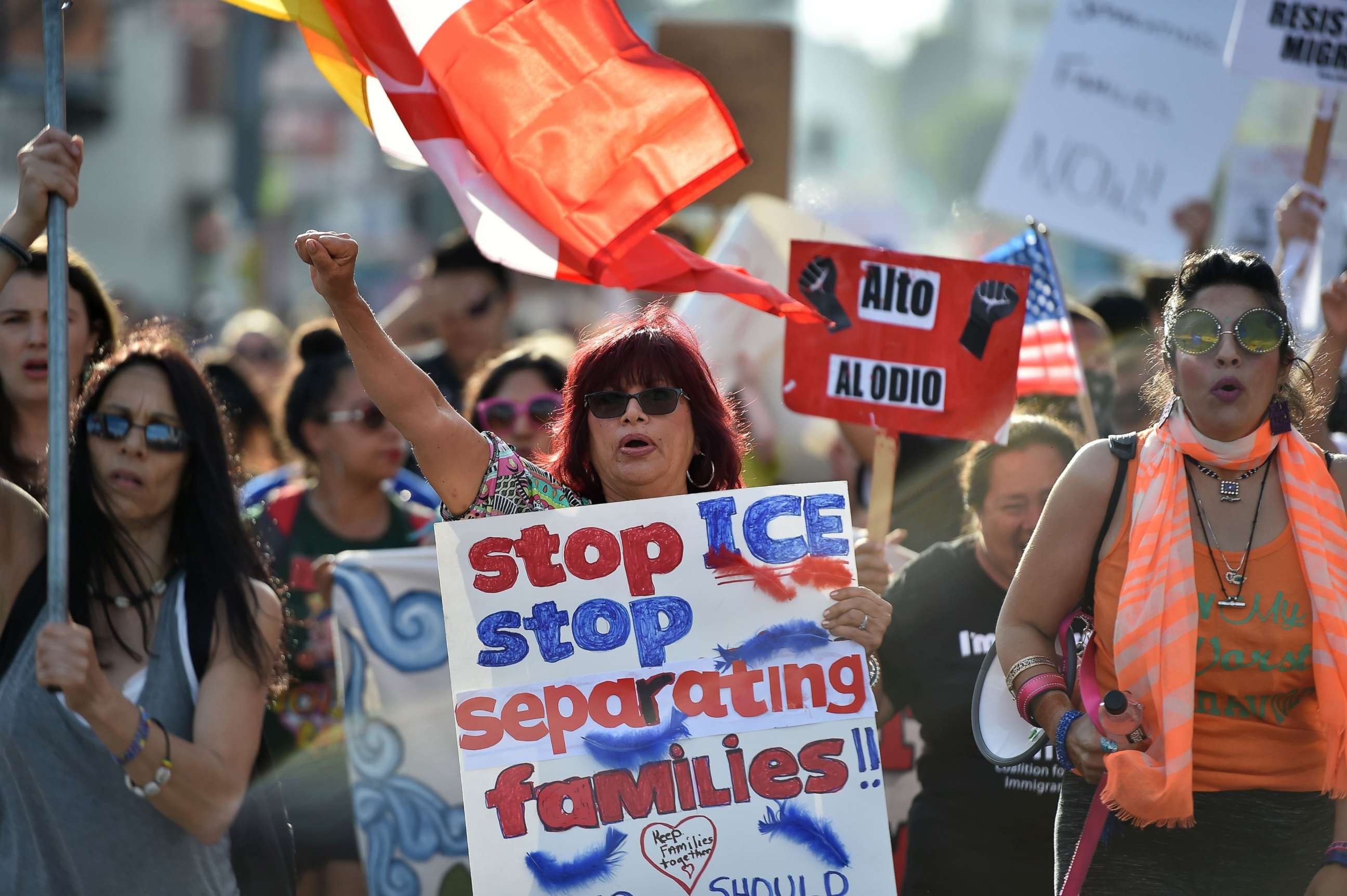 PHOTO: Critics of the U.S. policy which separates children their parents when they cross the border illegally from Mexico protest during a "Families Belong Together March" in downtown Los Angeles, June 14, 2018.