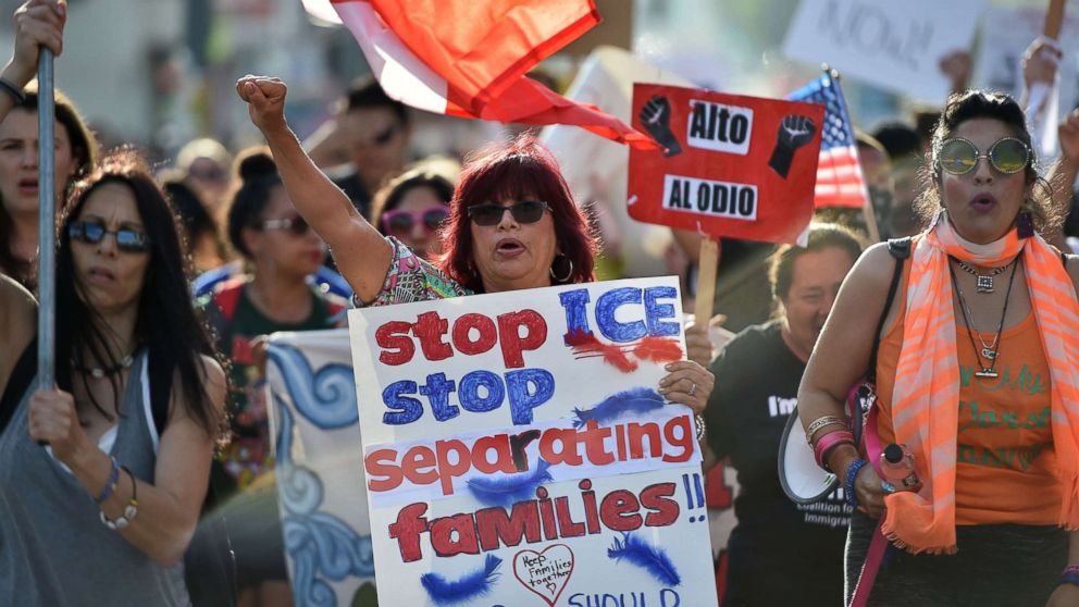 PHOTO: Critics of the U.S. policy which separates children their parents when they cross the border illegally from Mexico protest during a "Families Belong Together March" in downtown Los Angeles, June 14, 2018.