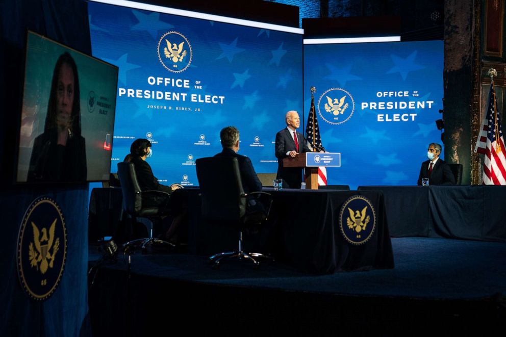 PHOTO: President- elect Joe Biden introduces his health team at the Queen in Wilmington, Dele., Dec. 8, 2020.