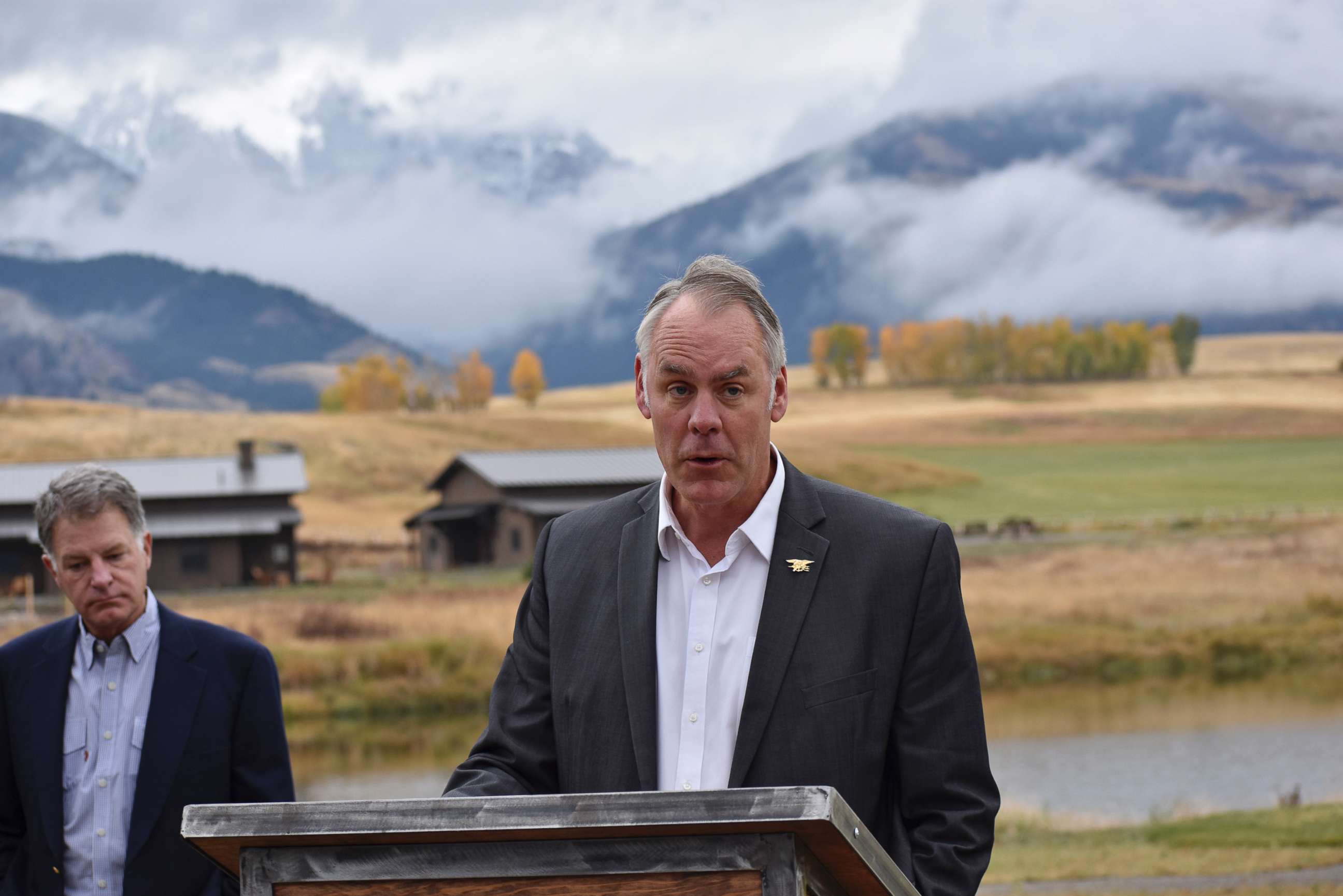 PHOTO: Interior Secretary Ryan Zinke announces a ban on mining claims north of Yellowstone National Park near Emigrant, Mont., Oct. 8, 2018. 