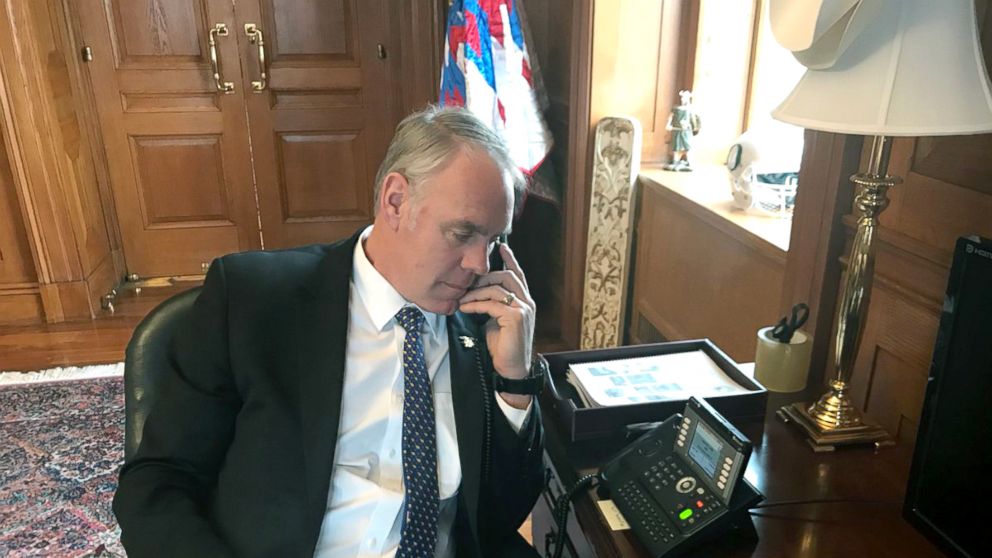 PHOTO: Secretary of the Interior Ryan Zinke in his office in a photo posted to his Twitter account, March 1, 2018.