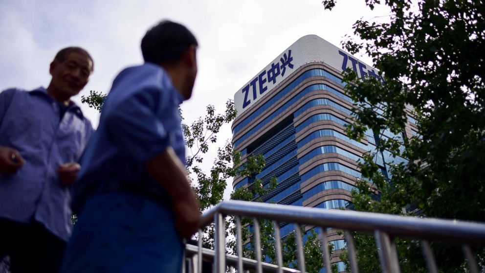 The ZTE logo is seen on a building in Beijing, May 2, 2018.