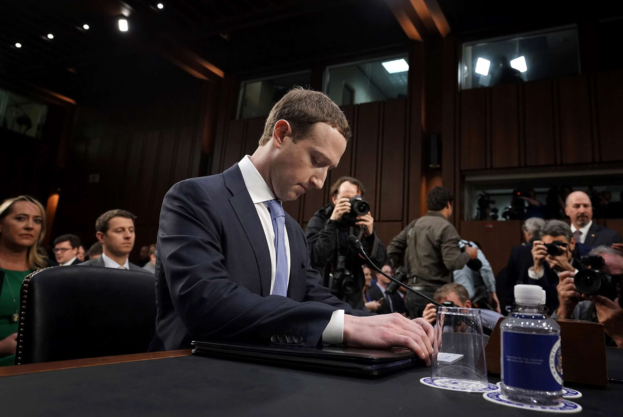 PHOTO: Facebook co-founder, Chairman and CEO Mark Zuckerberg awaits to testify before a combined Senate Judiciary and Commerce committee hearing in the Hart Senate Office Building on Capitol Hill, April 10, 2018, in Washington, DC.