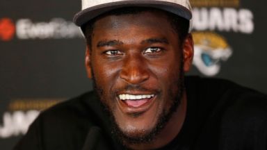 PHOTO: Jacksonville Jaguars wide receiver Justin Blackmon speaks to the media during a press conference at the Pennyhill Park Hotel and Spa in Bagshot, England, Wednesday, Oct. 23, 2013.