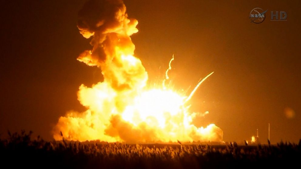 PHOTO: Orbital Sciences Corp.'s unmanned rocket is seen blowing up over the launch complex at Wallops Island, Va., just six seconds after liftoff. 