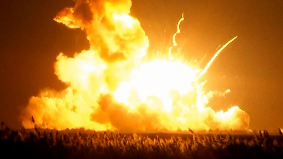 PHOTO: Orbital Sciences Corp.'s unmanned rocket is seen blowing up over the launch complex at Wallops Island, Va., just six seconds after liftoff. 