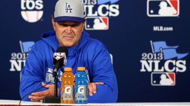 PHOTO: Manager Don Mattingly of the Los Angeles Dodgers answers questions before Game Six of the National League Championship Series against the St. Louis Cardinals at Busch Stadium, Oct. 18, 2013, in St Louis.