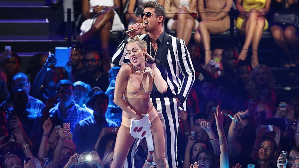Miley Cyrus and Robin Thicke performs onstage during the 2013 MTV Video Music Awards at the Barclays Center, Aug. 25, 2013 in the Brooklyn, New York City. 