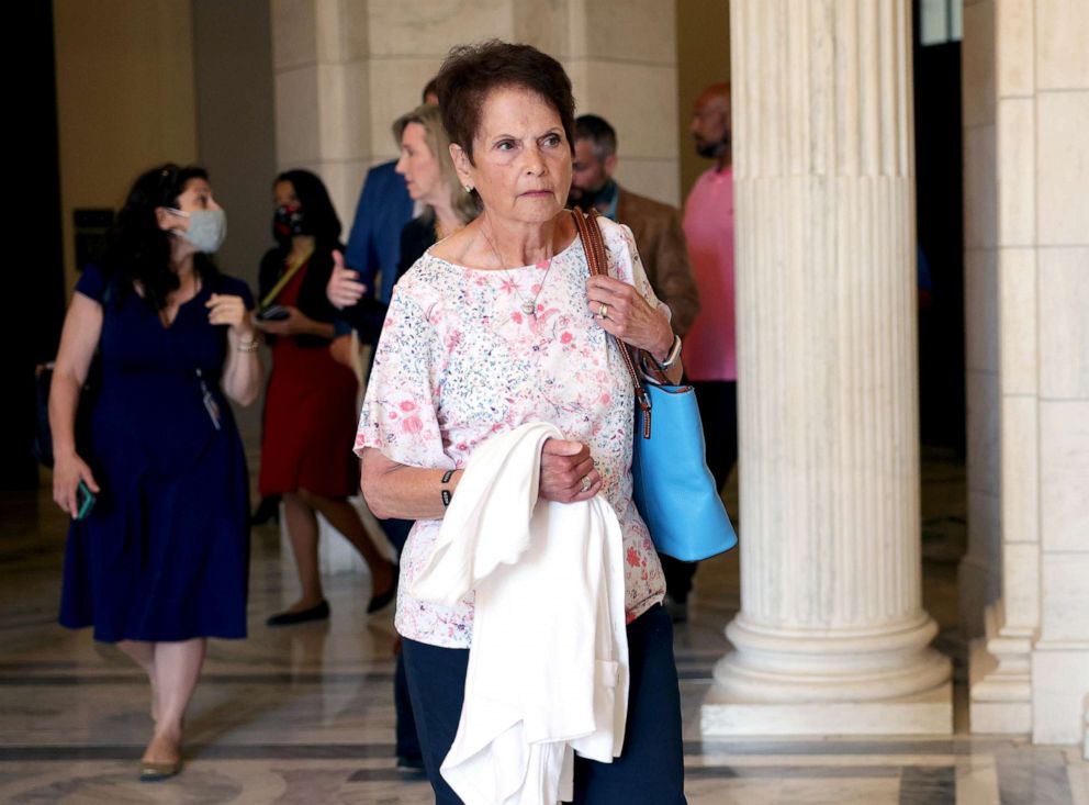 PHOTO: Gladys Sicknick, mother of Brian Sicknick, the U.S. Capitol Police officer who died from injuries sustained during the Jan. 6 mob attack on Congress, leaves a meeting with Sen. Mitt Romney, at the Capitol in Washington, May 27. 