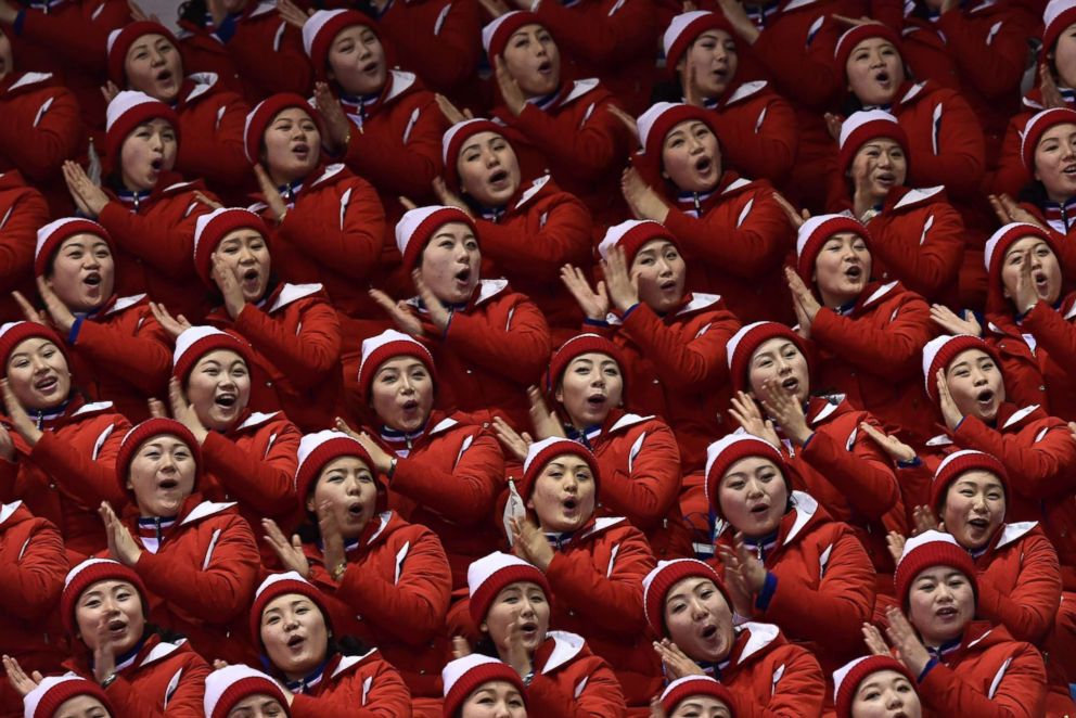 PHOTO: The North Korean cheerleaders made an impression at these Winter Games. Here they are seen cheering at the figure skating pair skating free skating event, Feb. 15, 2018.