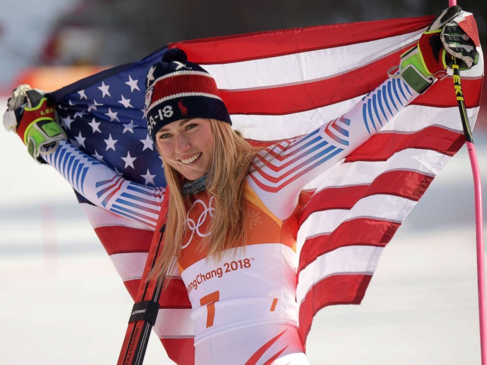 PHOTO: American Mikaela Shiffrin poses on the podium during the victory ceremony for the womens giant slalom, Feb. 15, 2018.