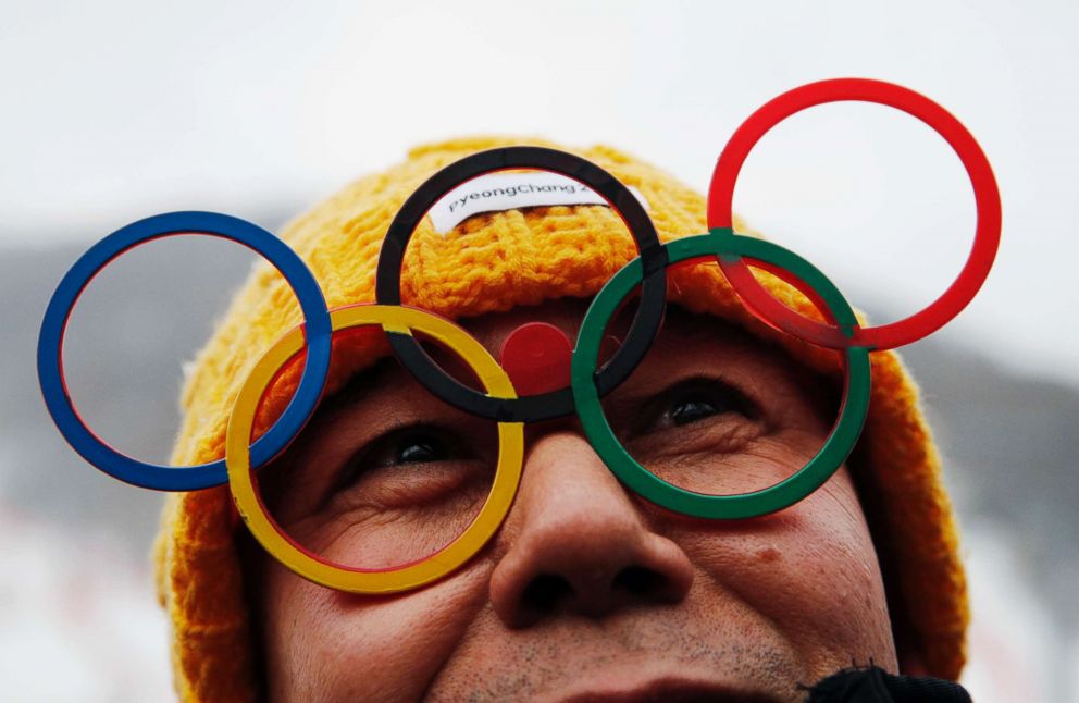 PHOTO: A fan wears glasses of the Olympic rings at the women's slalom event at Yongpyong alpine center, Feb. 14, 2018. 