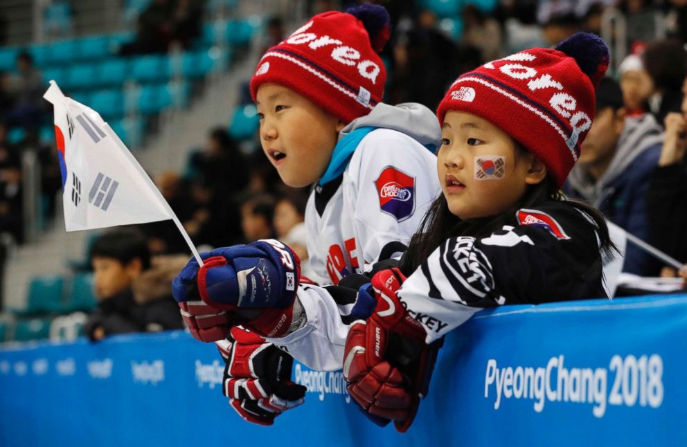 PHOTO: Young South Korean hockey fans were in attendance for the Finland vs South Korea hockey match, Feb. 20, 2018. 