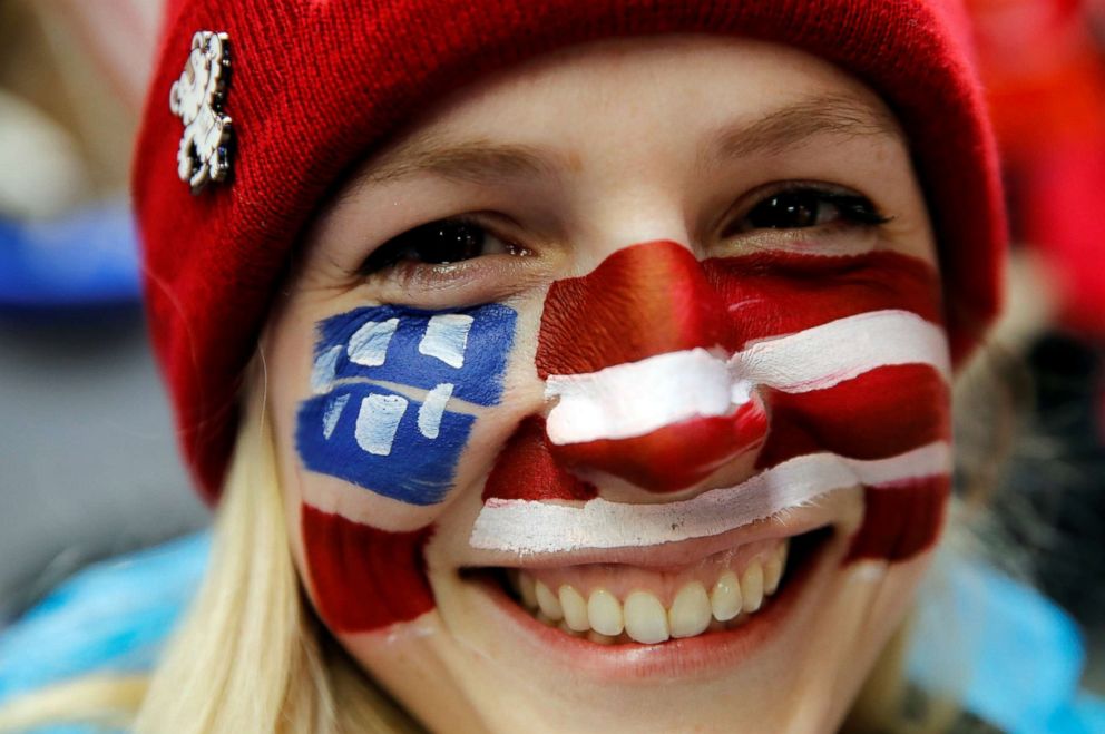 PHOTO: A fan of the U.S. luge team showing off the red, white and blue, Feb. 10, 2018. 