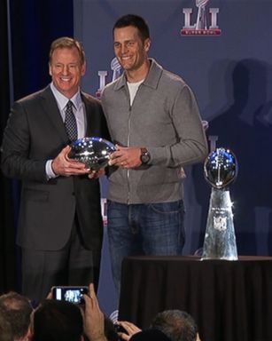 VIDEO: New England Patriots quarterback Tom Brady receives Super Bowl MVP trophy from NFL commissioner Roger Goodell the day after winning Super Bowl LI.