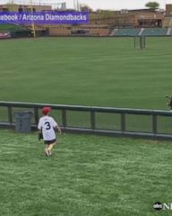 Baseball players play with a young fan before spring training game
