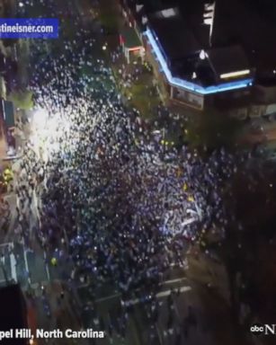 Drone footage shows fans rushing Franklin Street in Chapel Hill after the University of North Carolina defeated Gonzaga to win the NCAA national men's basketball championship.