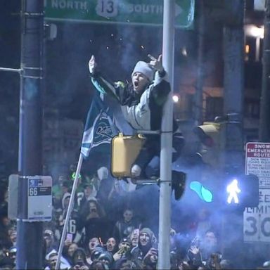 VIDEO: More than 10,000 Eagles fans stormed the streets of Philadelphia on Sunday night to celebrate their team's first Super Bowl victory.