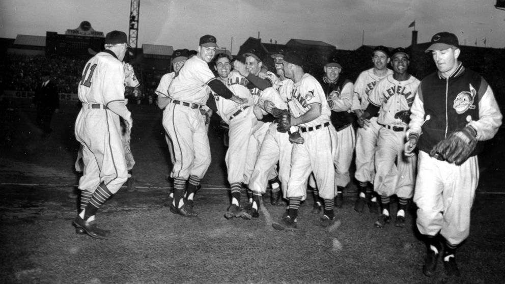 PHOTO: Bob Lemon, center, pitcher who won second World Series game for Cleveland Indians against the Boston Braves, is cheered by his teammates as they leave the field at Fenway Park in Boston, Oct. 7, 1948.