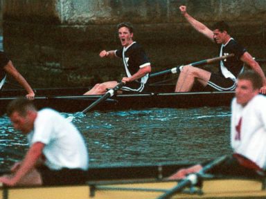 PHOTO: Yales senior-dominated varsity rowing crew, rear, celebrates after rowing to a comeback victory, June 5, 1999, on the Thames River in New London, Conn., in the four-mile Yale-Harvard Regatta.