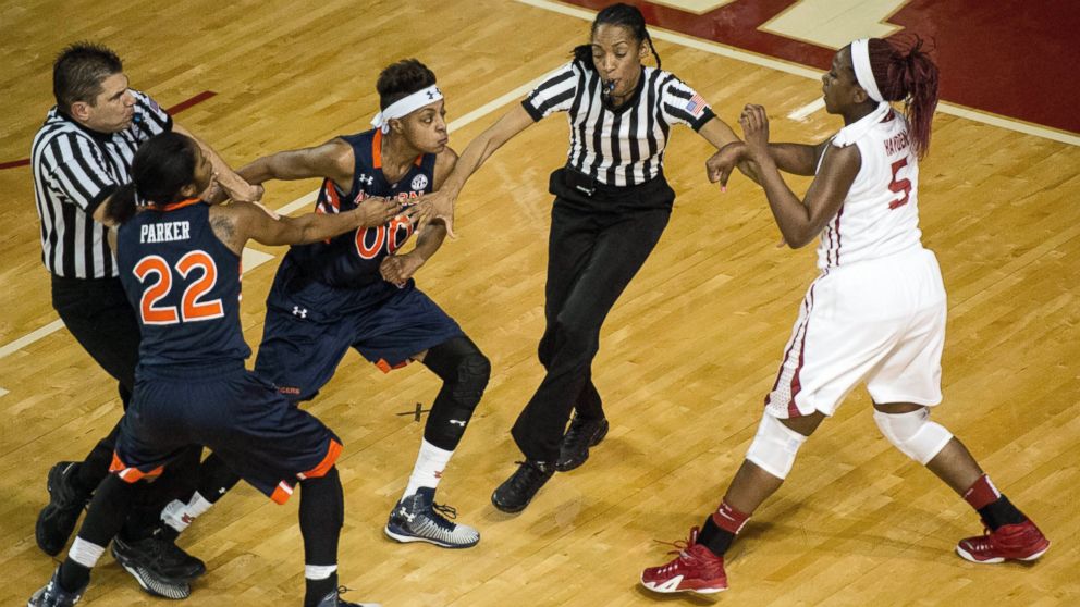 Auburn guard Hasina Muhammad (0) goes after Alabama guard Breanna Hayden (5) during an NCAA college basketball game, Jan. 22, 2015, at Foster Auditorium in Tuscaloosa, Ala.   