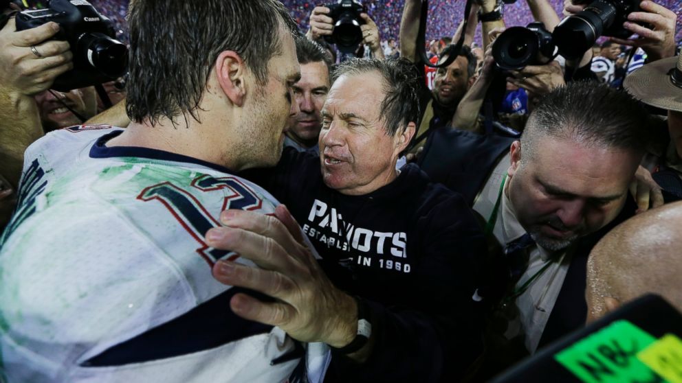 PHOTO: New England Patriots quarterback Tom Brady, left, celebrates with head coach Bill Belichick after the NFL Super Bowl XLIX football game against the Seattle Seahawks Feb. 1, 2015, in Glendale, Ariz.