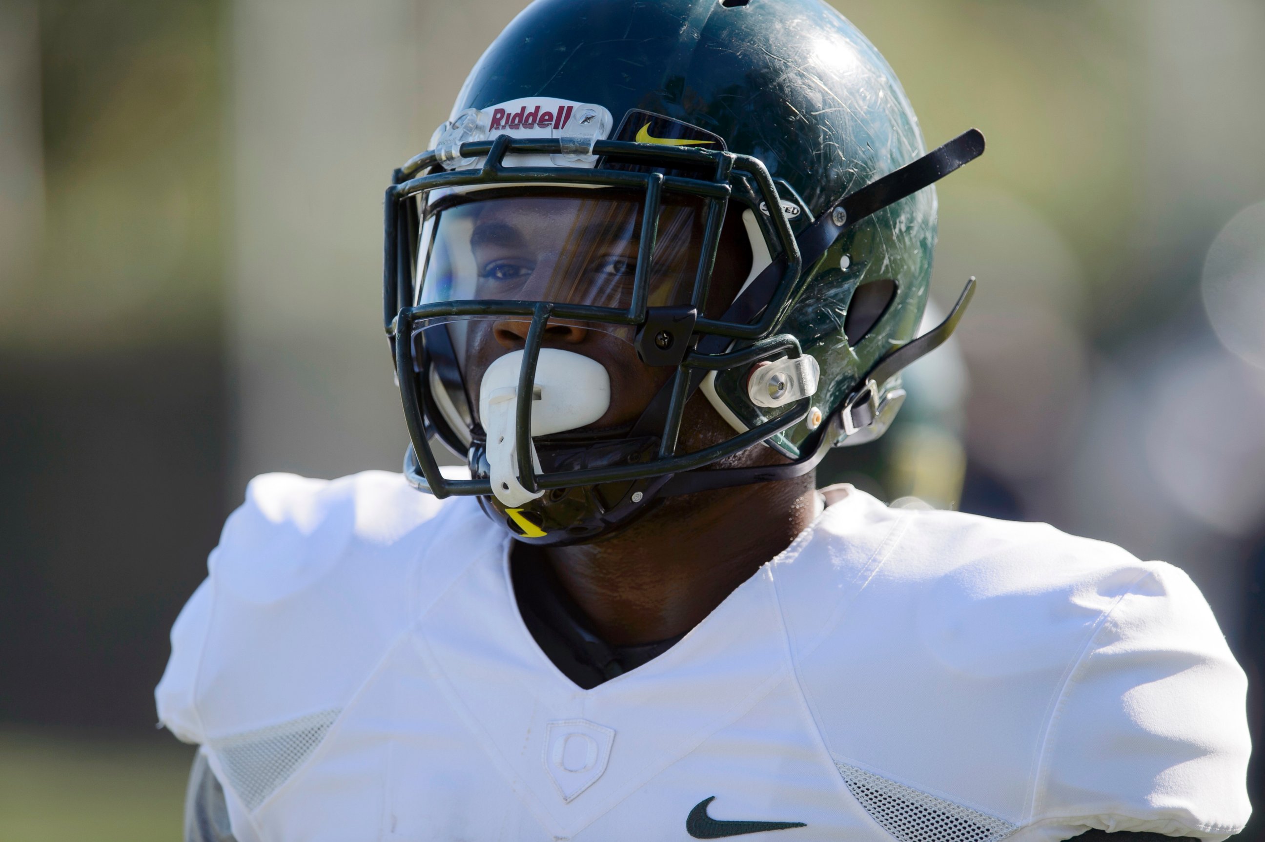Oregon running back Royce Freeman looks on during NCAA college football practice in Carson, Calif., Sunday, Dec. 28, 2014. Oregon is scheduled to play Florida State in the Rose Bowl NCAA college football playoff semifinal on New Year's Day.