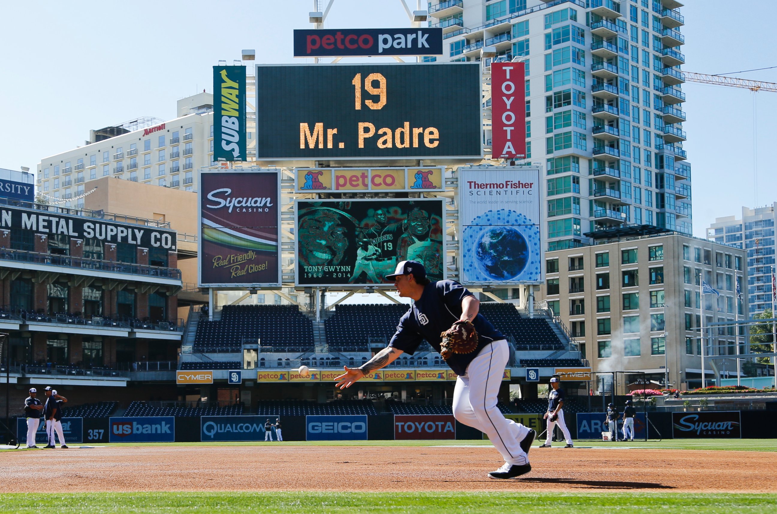 The Petco Park scoreboard shows a video of Hall of Famer Tony Gwynn, who died earlier this week, during pregame activities before a game against the Seattle Mariners, June 18, 2014, in San Diego.