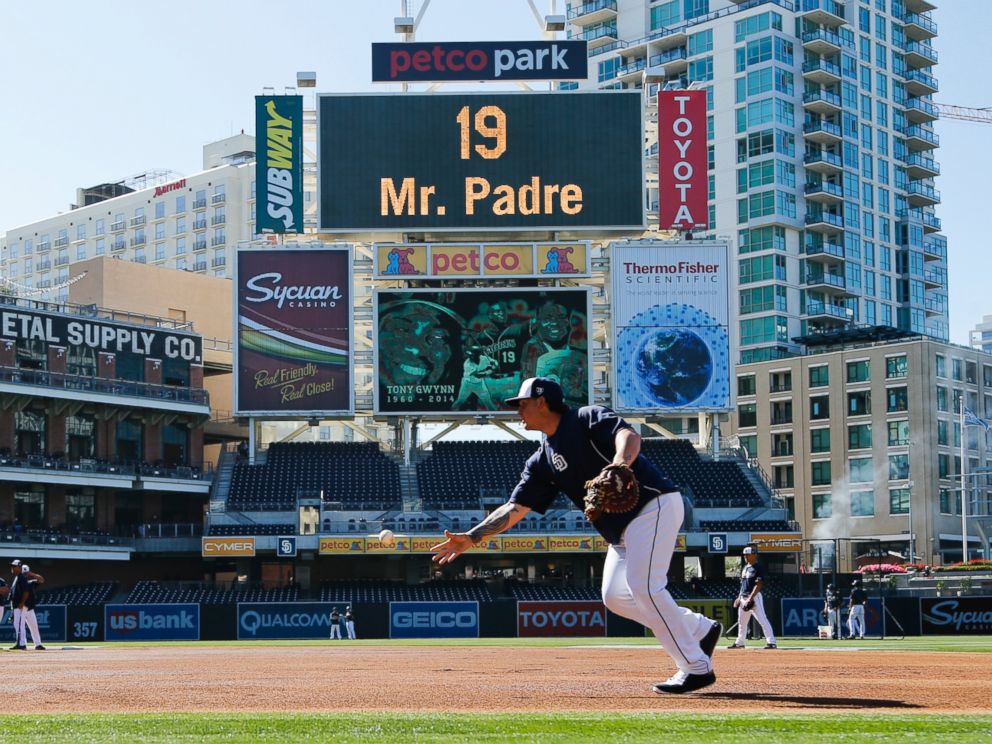 The Petco Park scoreboard shows a video of Hall of Famer Tony Gwynn, who died earlier this week, during pregame activities before a game against the Seattle Mariners, June 18, 2014, in San Diego.