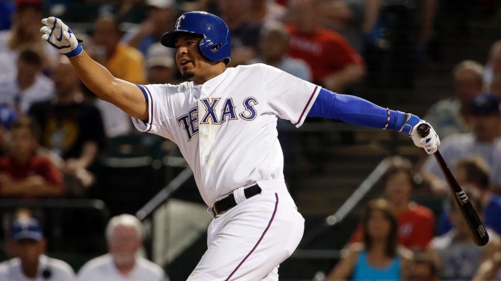 Texas Rangers' Guilder Rodriguez swings at a pitch, Sept. 9, 2014, in Arlington, Texas.