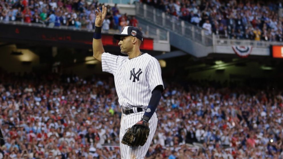 Shortstop Derek Jeter, of the New York Yankees, waves as he is taken out of the game in the top of the fourth inning of the MLB All-Star Game, July 15, 2014, in Minneapolis.