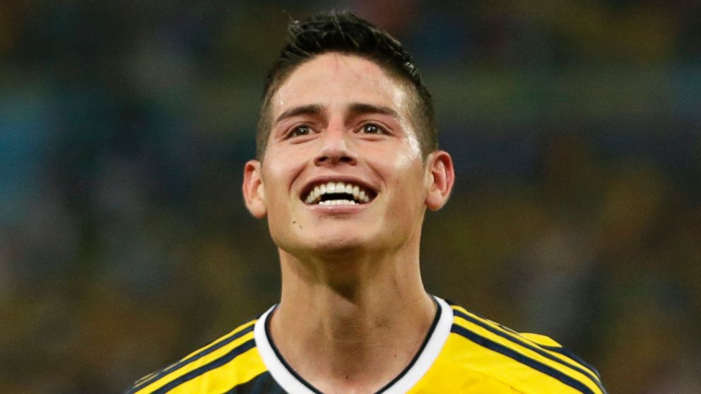 Colombia's James Rodriguez celebrates after he scored his side's second goal during the World Cup round of 16 soccer match between Colombia and Uruguay at the Maracana Stadium in Rio de Janeiro, Brazil, Saturday, June 28, 2014.