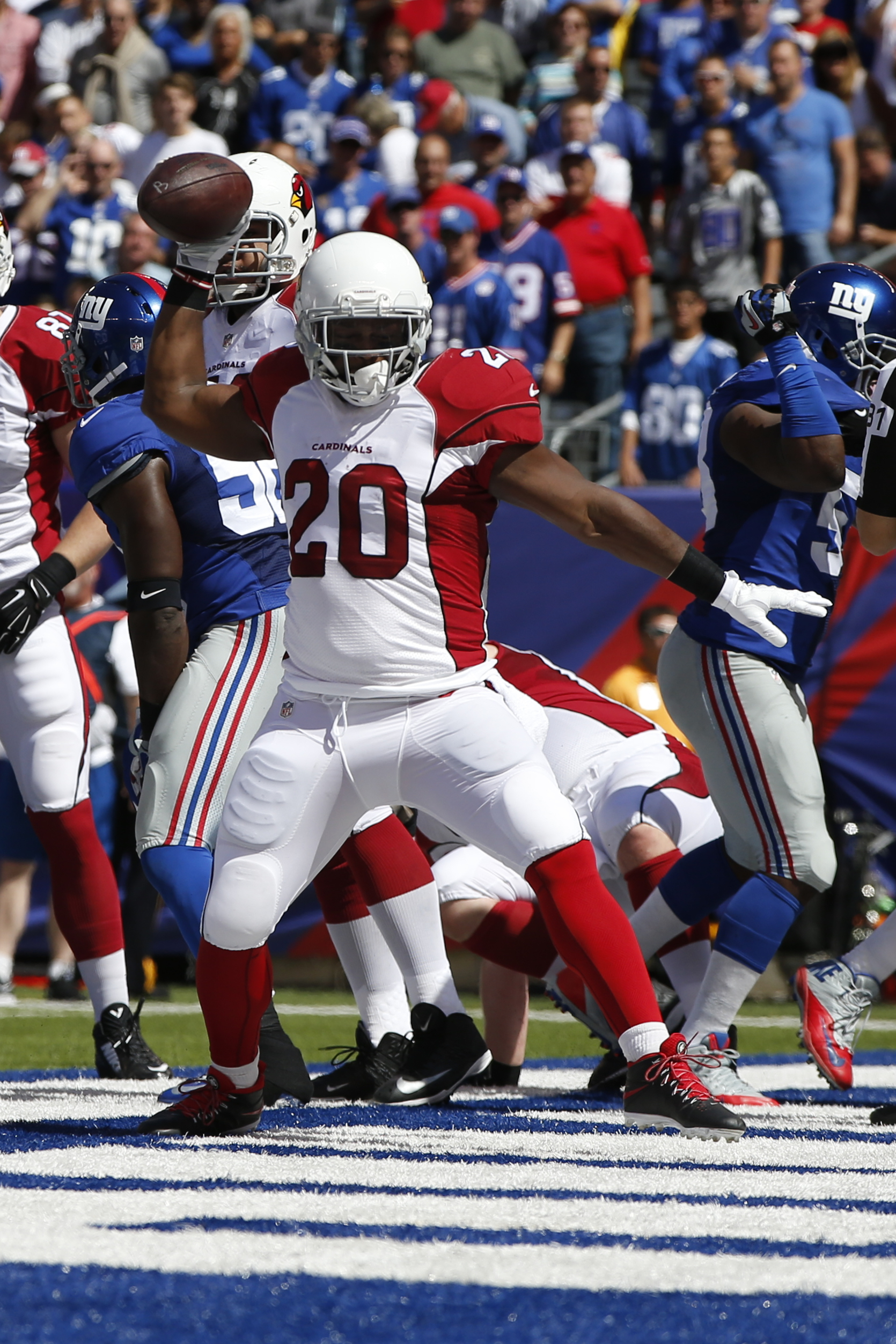 Arizona Cardinals running back Jonathan Dwyer (20) celebrates after scoring a touchdown during the first half of an NFL football game against the New York Giants on Sunday, Sept. 14, 2014, in East Rutherford, N.J.